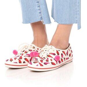 Kate Spade x Keds Canvas Sneakers Size 7.5 Red Chili Pepper Print Pink Poms